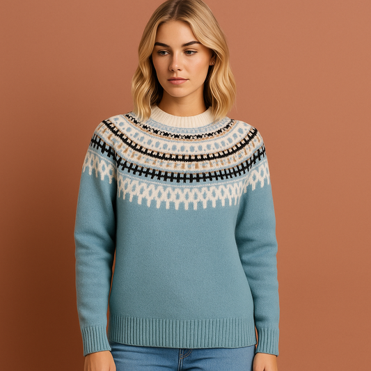 Damestrui in blauw met Scandinavisch winterpatroon, warm en comfortabel voor stijlvolle winterlooks.