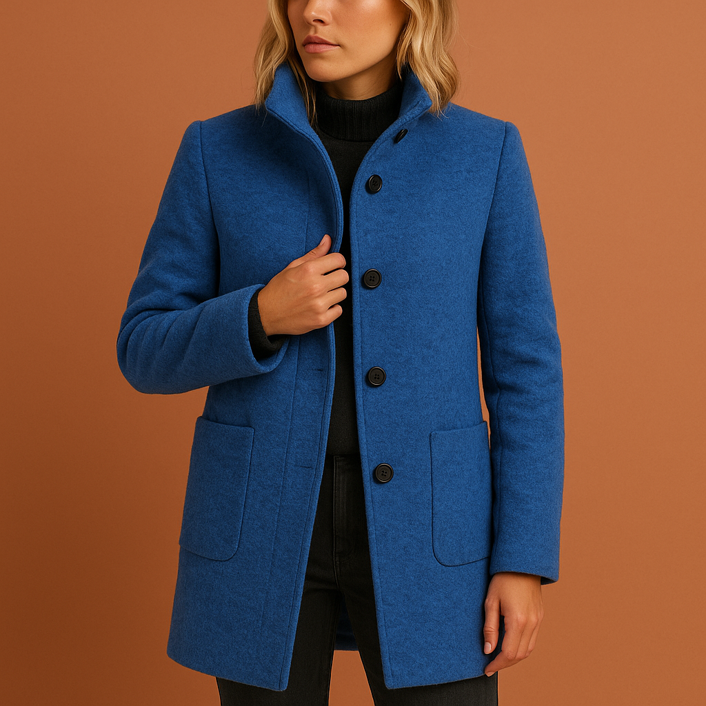 Dames manteljas in blauw met knoopsluiting en rechte pasvorm, warm en stijlvol voor herfst en winter.