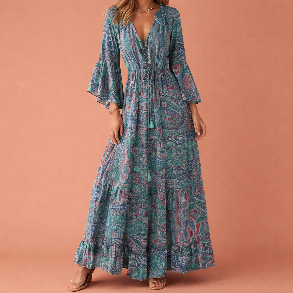 Dames maxi jurk in blauw met minimalistisch design, zacht en comfortabel voor casual en stijlvolle outfits.