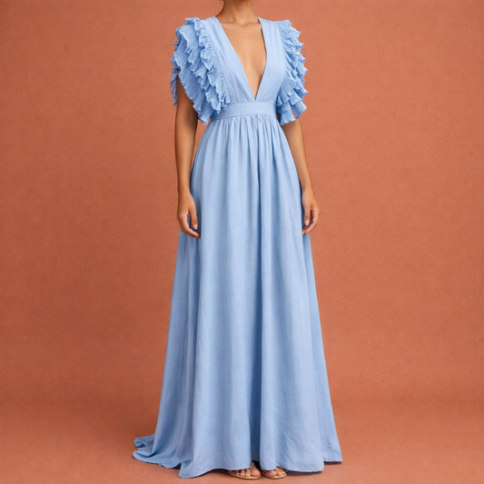Dames maxi jurk in blauw met minimalistisch design, zacht en comfortabel voor casual en stijlvolle outfits.