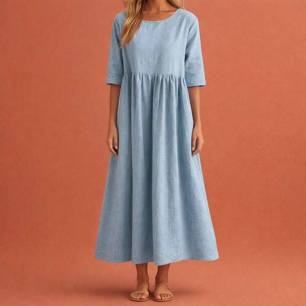 Dames maxi jurk in blauw met minimalistisch design, zacht en comfortabel voor casual en stijlvolle outfits.