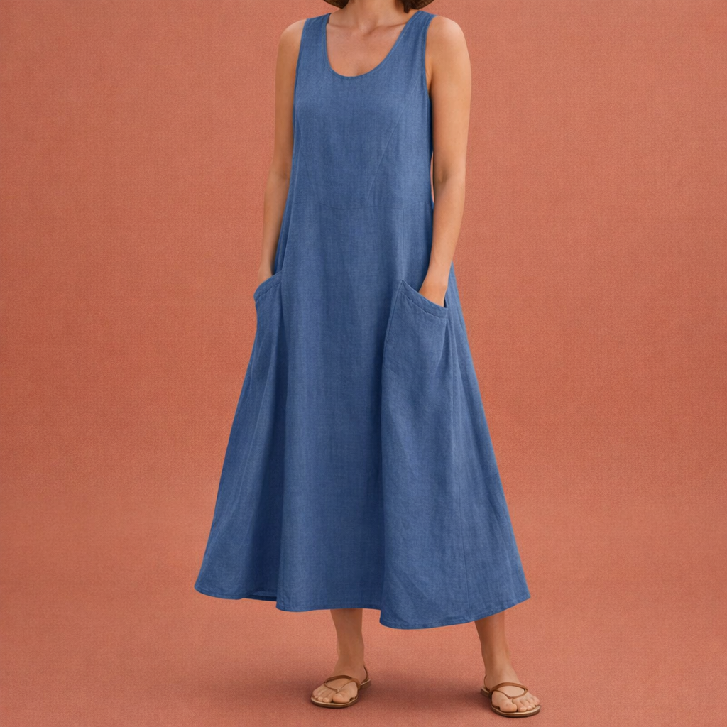 Dames maxi zomerjurk in blauw met minimalistisch design, zacht en comfortabel voor casual en stijlvolle outfits.