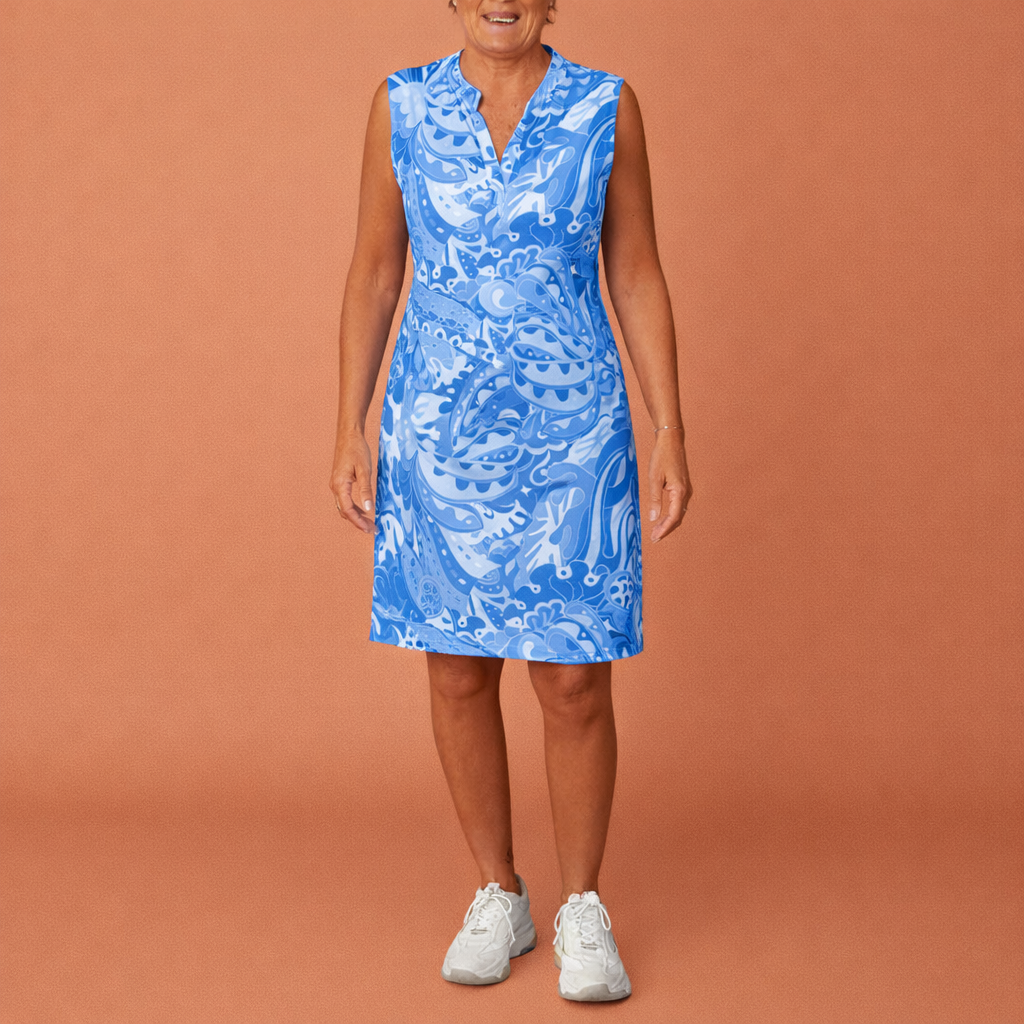 Dames midi-jurk in blauw met V-hals en print, soepel en comfortabel voor zomerse en feestelijke outfits.