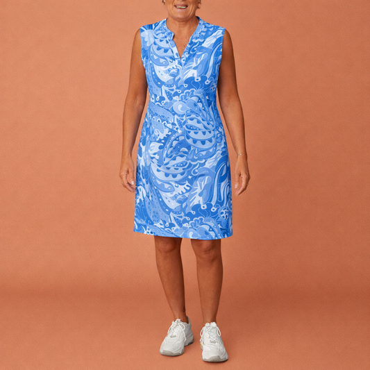 Dames midi-jurk in blauw met V-hals en print, soepel en comfortabel voor zomerse en feestelijke outfits.