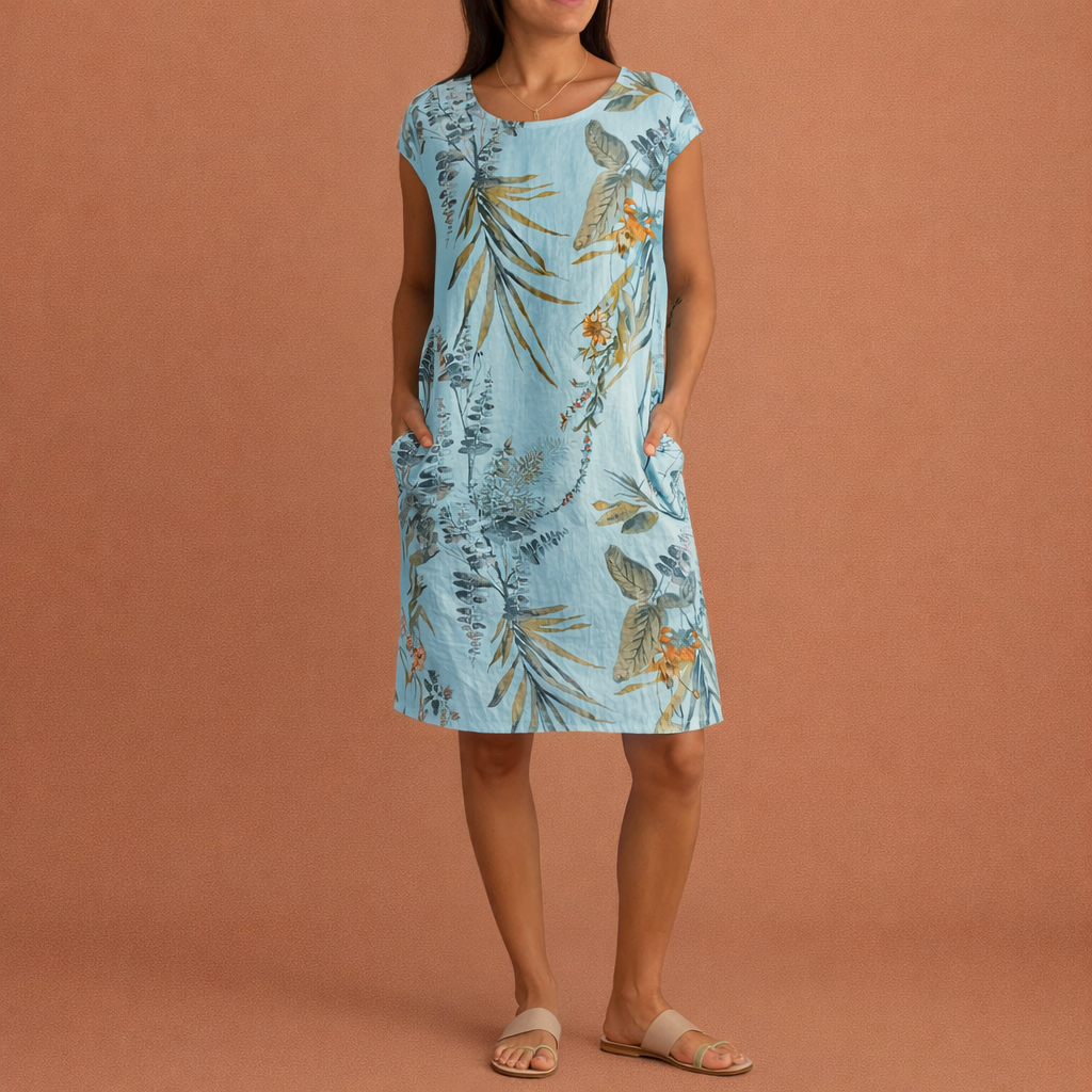 Dames midi-jurk in blauw met minimalistisch design, zacht en comfortabel voor casual en stijlvolle outfits.