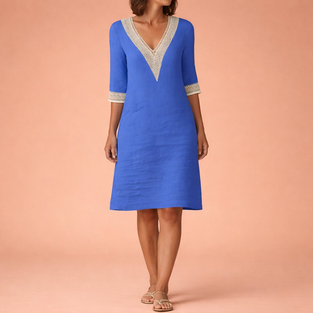Dames midi jurk in blauw met minimalistisch design, zacht en comfortabel voor casual en stijlvolle outfits.