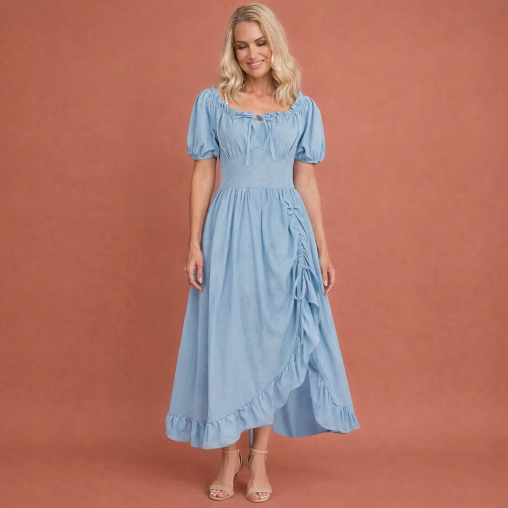 Dames midi jurk in blauw met minimalistisch design, zacht en comfortabel voor casual en stijlvolle outfits.