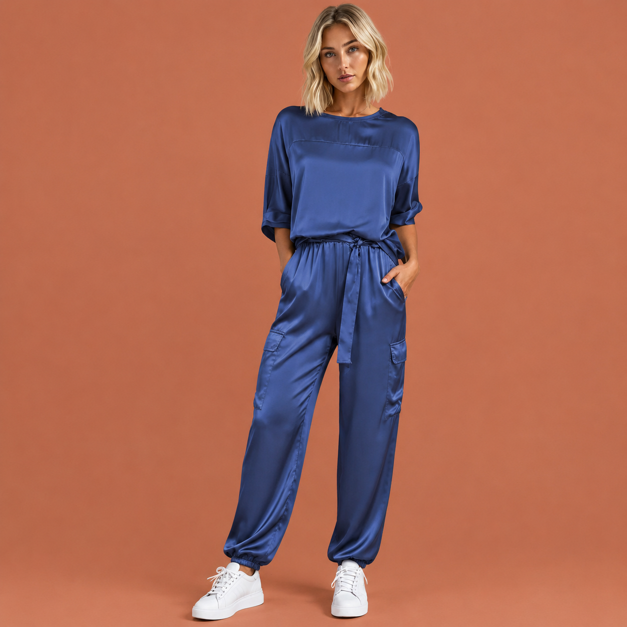 Dames satijnen set in blauw met minimalistisch design, zacht en comfortabel voor casual en stijlvolle outfits.