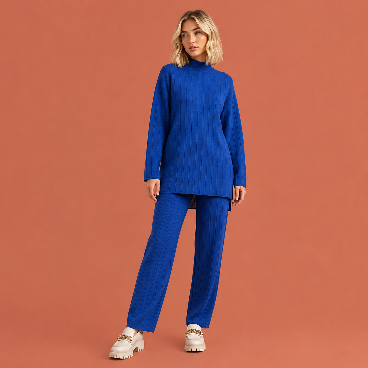 Dames set in blauw met minimalistisch design, zacht en comfortabel voor casual en stijlvolle outfits.