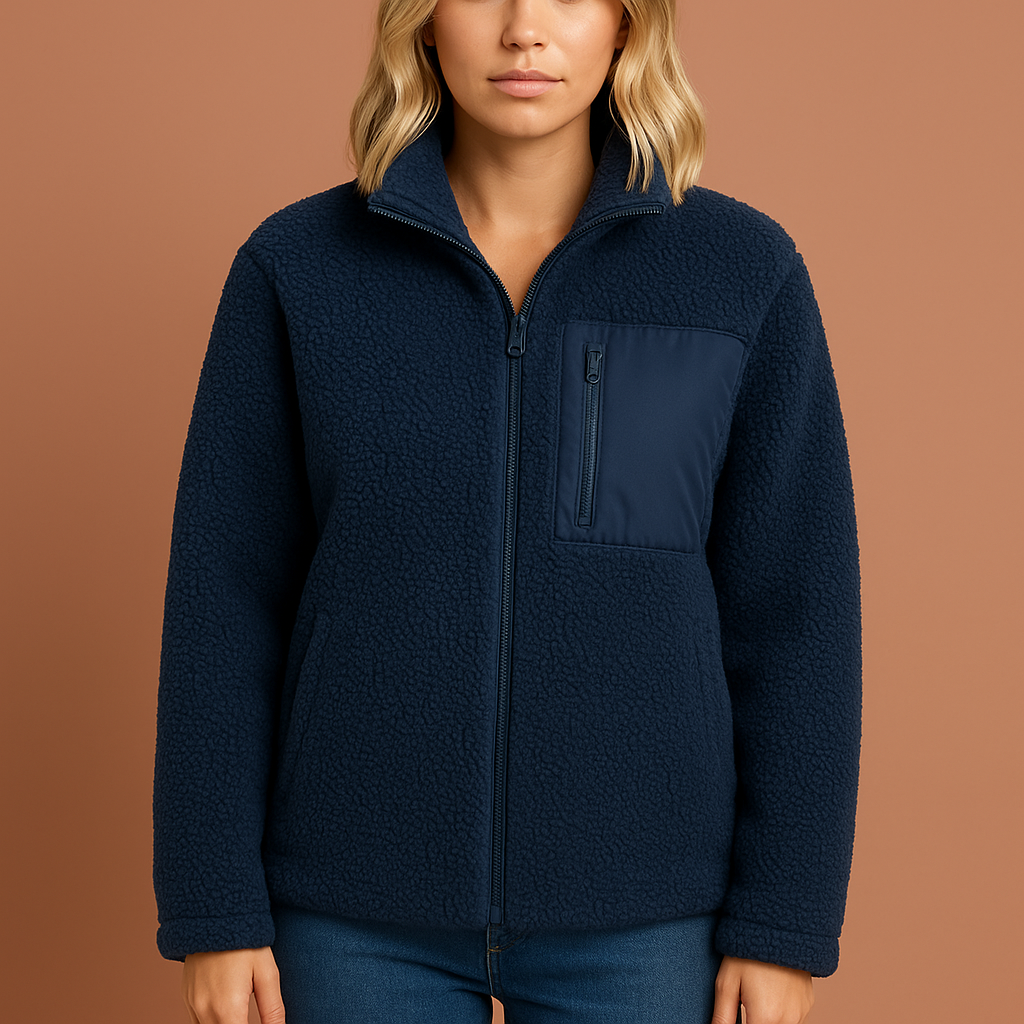 Dames teddy fleece jas in blauw met rits, zacht en comfortabel voor koude herfst- en winterdagen.