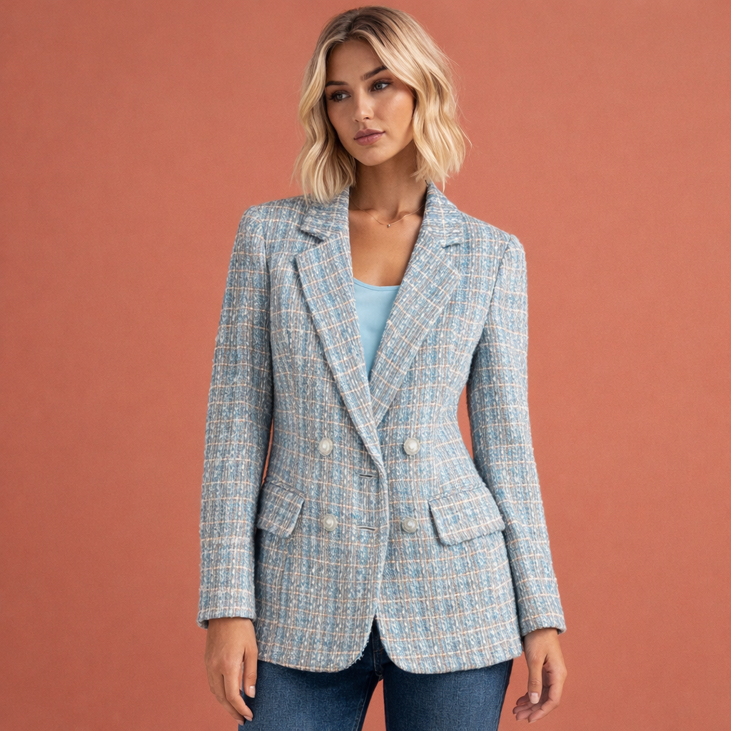 Dames tweed blazer in blauw met minimalistisch design, zacht en comfortabel voor casual en stijlvolle outfits.