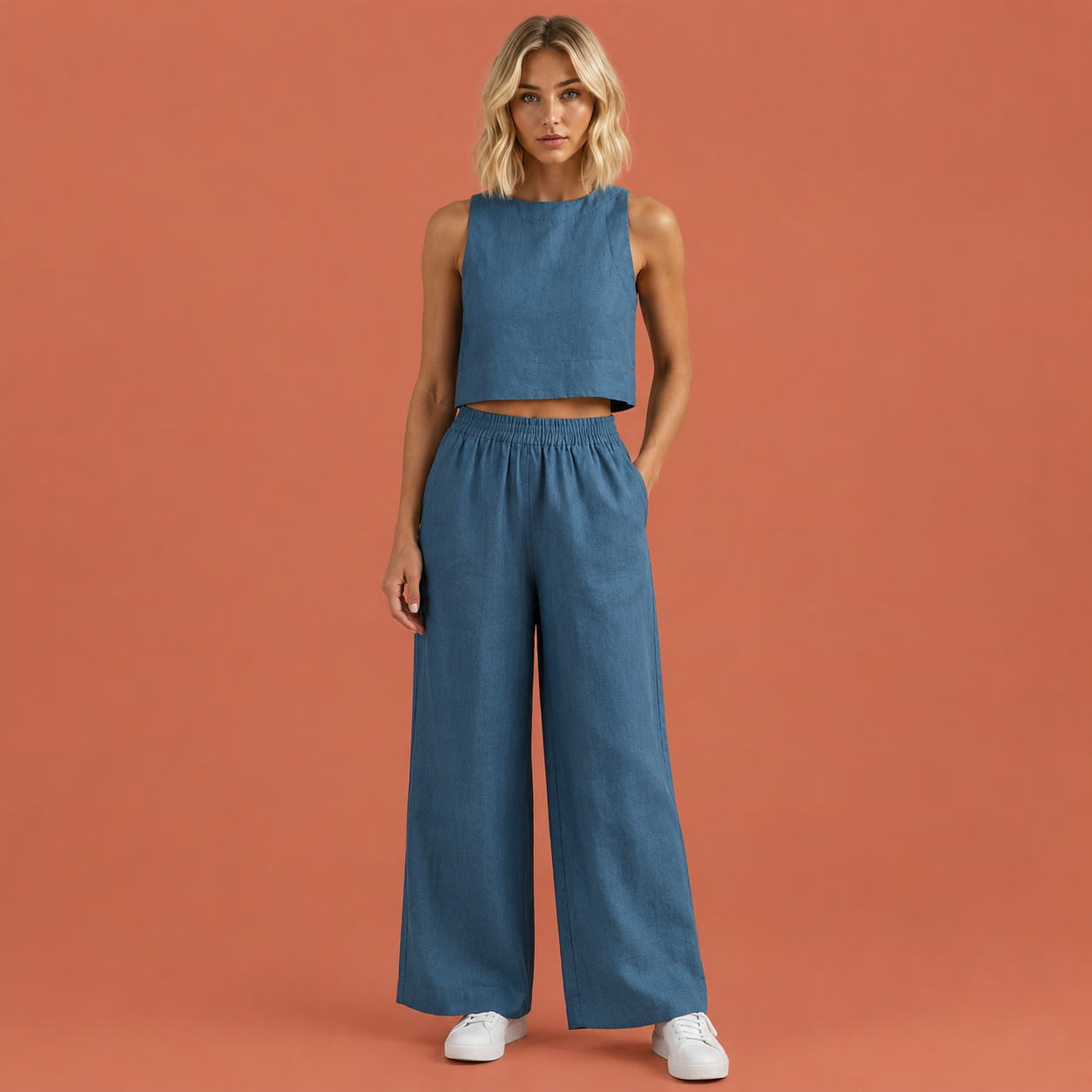 Dames tweedelige set in blauw met minimalistisch design, zacht en comfortabel voor casual en stijlvolle outfits.