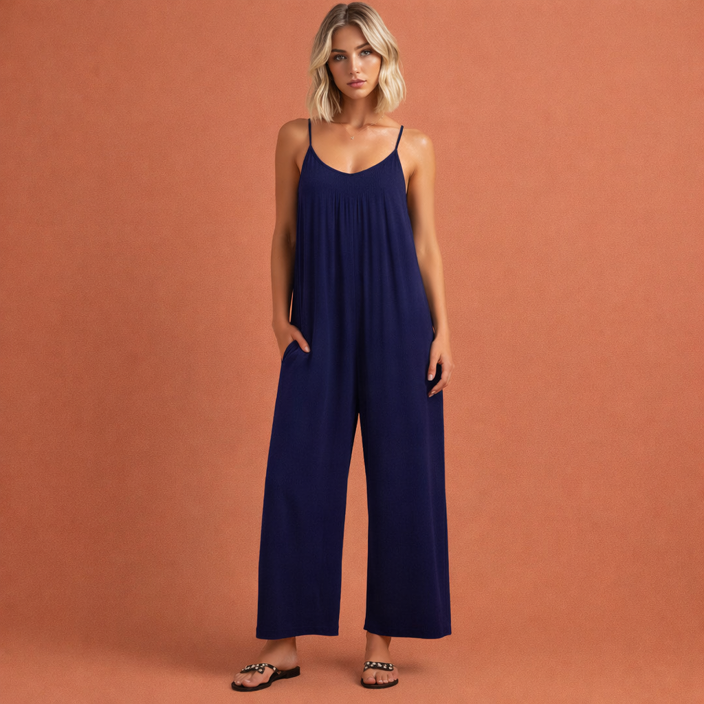 Blauwe elegante jumpsuit voor dames met een flatterende pasvorm, geschikt voor feestelijke en formele gelegenheden.
