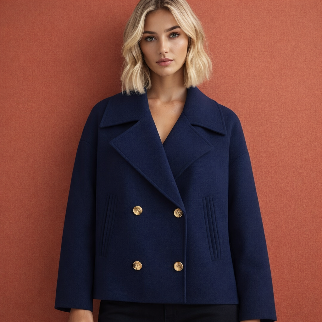 Blauwe elegante korte damesjas met reverskraag en comfortabele pasvorm, geschikt voor dagelijks en formeel gebruik.