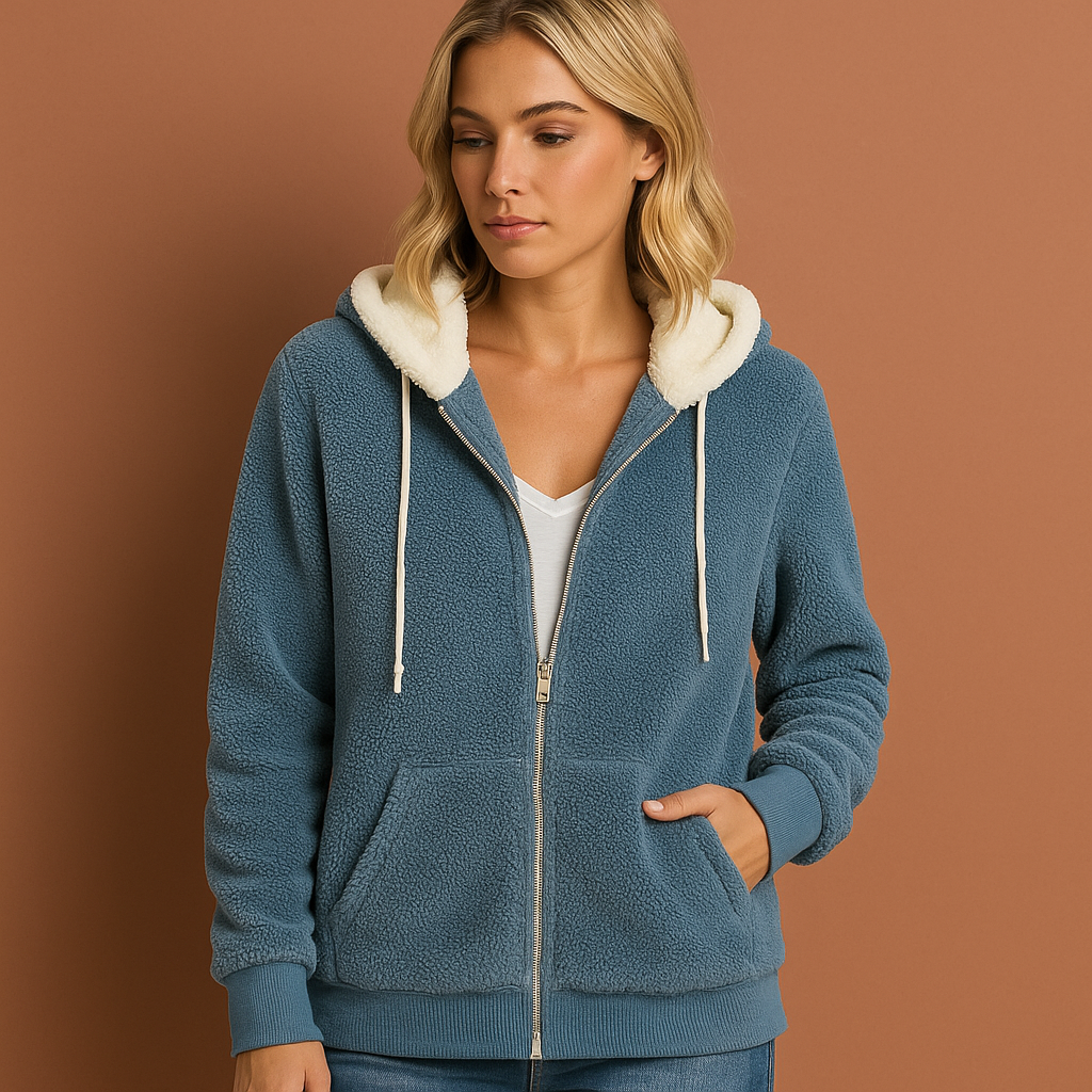 Extra warme teddy fleece zip hoodie voor dames in blauwe kleur, ideaal voor koude dagen en casual outfits.