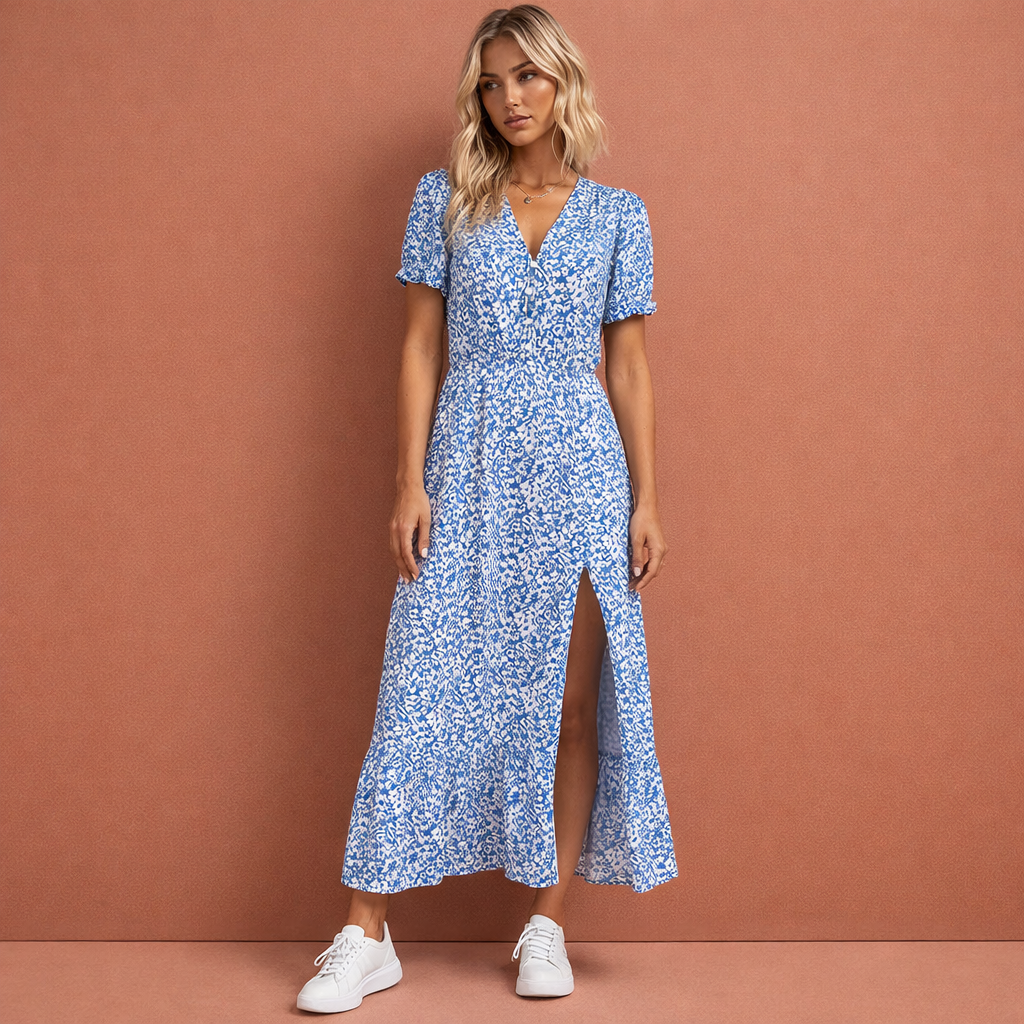 Blauwe gebloemde zomerjurk voor dames met knoopjesrij en split, ideaal voor warme dagen en casual zomerse outfits.