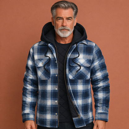 Blauwe geruite herenjas met capuchon en comfortabele pasvorm, geschikt voor dagelijks gebruik en casual outfits.
