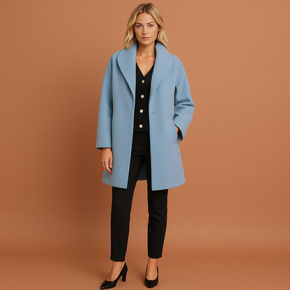 Blauwe halflange dames mantel met open kraag, geschikt voor dagelijks gebruik en nette outfits.