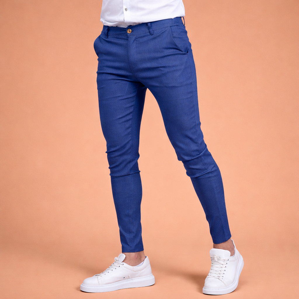 Heren chino broek in blauw met minimalistisch design, zacht en comfortabel voor casual en stijlvolle outfits.