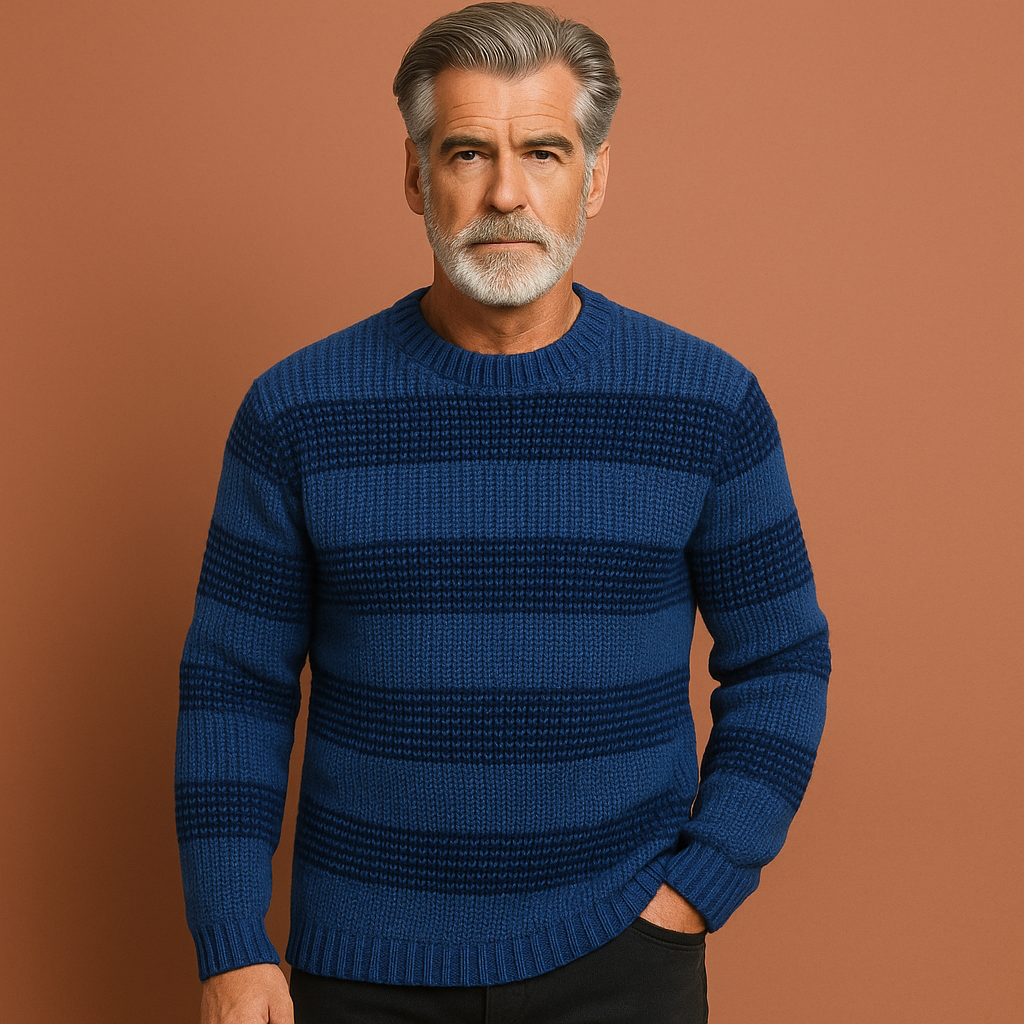 Heren gebreide trui in blauw met subtiel patroon, zacht en comfortabel voor casual en stijlvolle outfits.