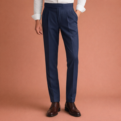 Heren pantalon in blauw met minimalistisch design, comfortabel en stijlvol voor moderne en zakelijke outfits.