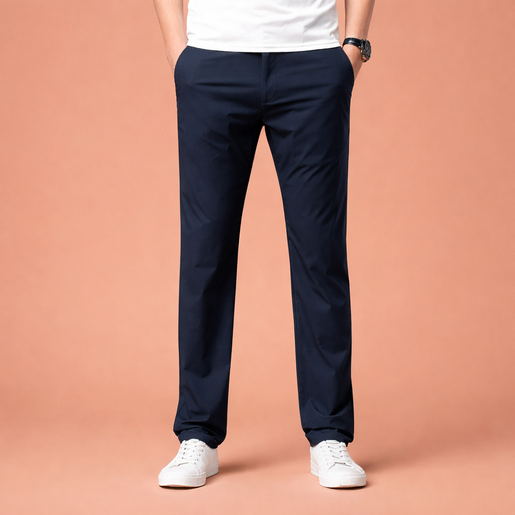 Heren pantalon in blauw met minimalistisch design, comfortabel en stijlvol voor casual en zakelijke outfits.