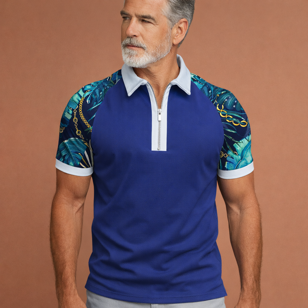 Heren polo in blauw met retro strepen, comfortabel en stijlvol voor casual en zomerse outfits.