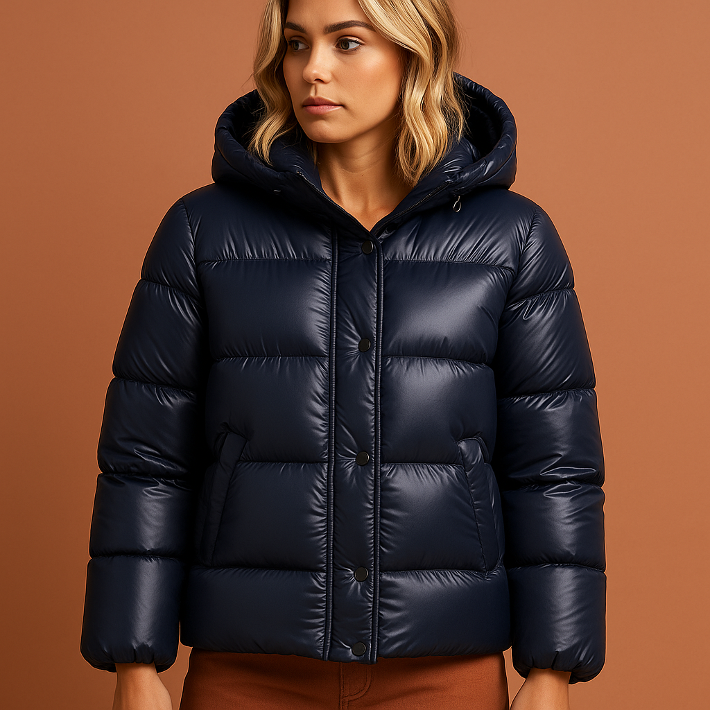 Blauwe lichtgewicht dames pufferjas met glanzende afwerking en moderne pasvorm, ideaal voor koude dagen en stijlvolle winterlooks.