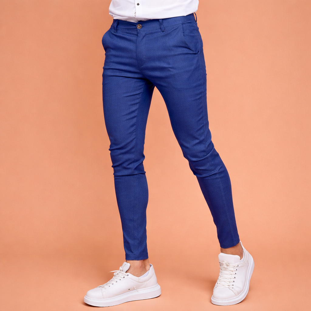 Heren slim-fit pantalon in blauw met modern design, comfortabel en stijlvol voor zakelijke en smart-casual outfits.