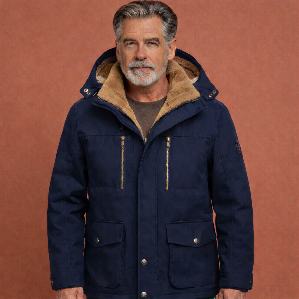 Blauwe herenjas met capuchon en ritssluiting, geschikt voor dagelijks gebruik en outdoor activiteiten.1