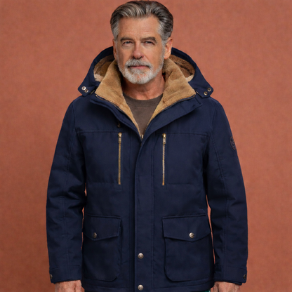 Blauwe herenjas met capuchon en ritssluiting, geschikt voor dagelijks gebruik en outdoor activiteiten.1