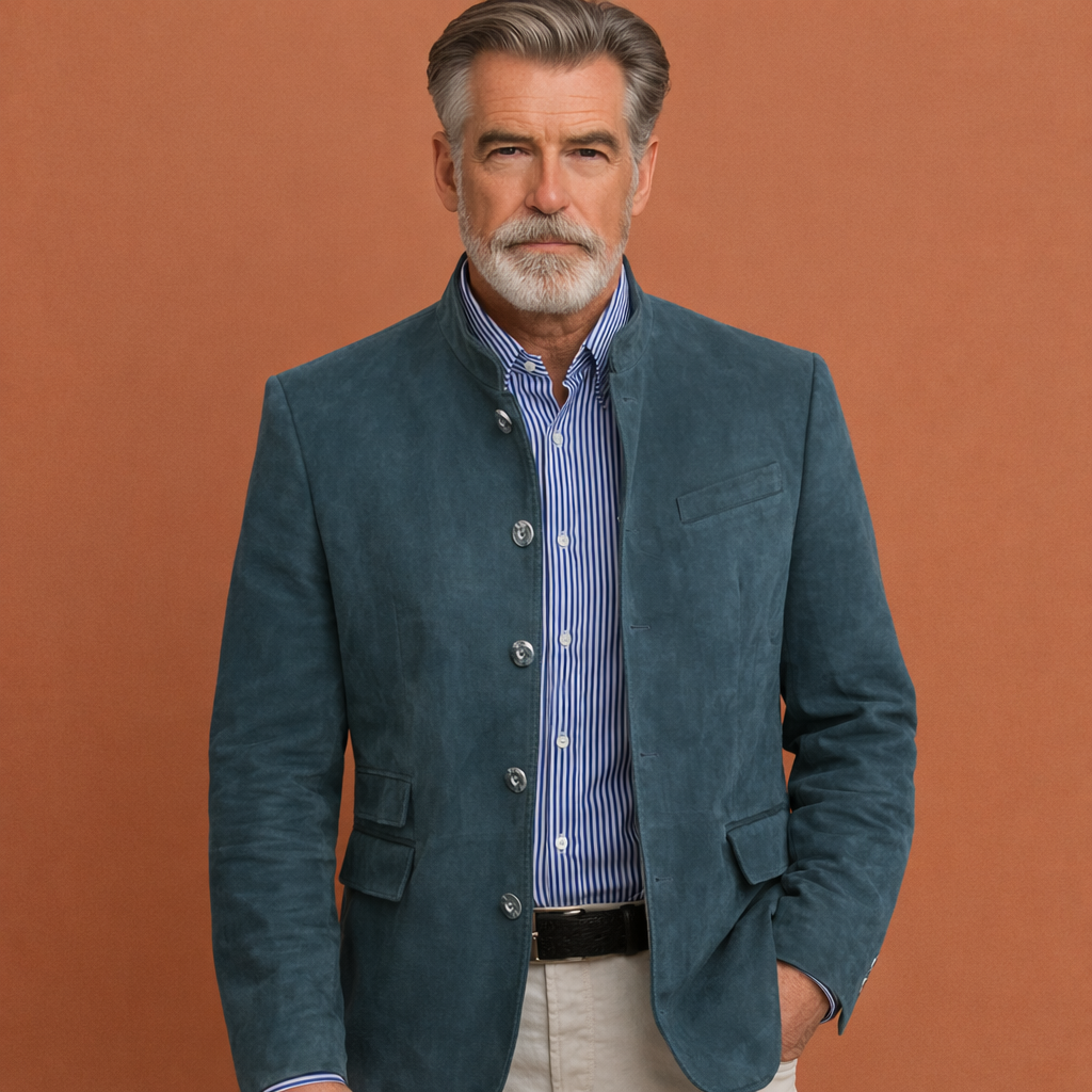 Blauwe klassieke herenjas met opstaande kraag, geschikt voor dagelijks gebruik en nette outfits