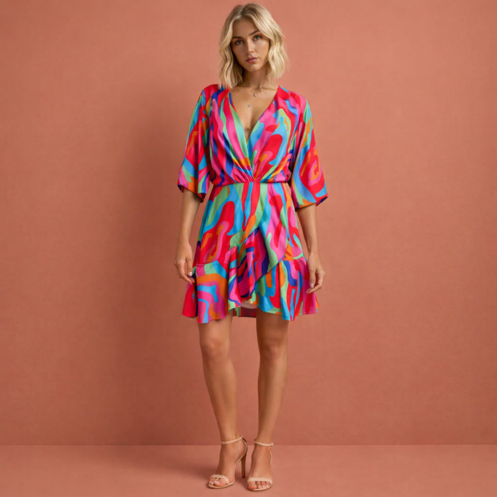 Blauwe korte damesjurk met V-hals en vleermuismouwen, ideaal voor zomerse dagen en casual gelegenheden.