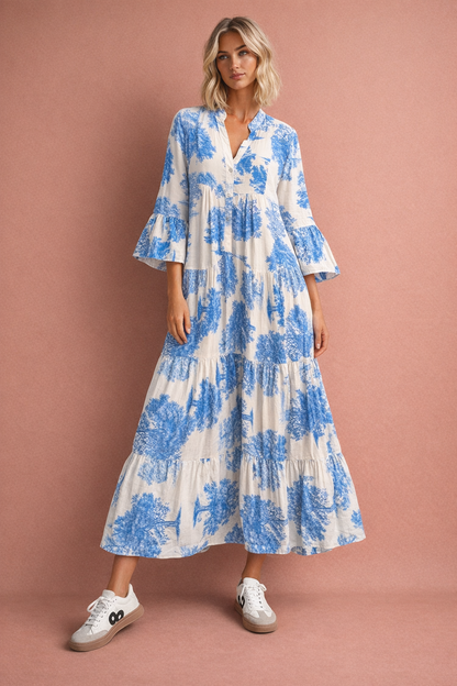 Blauwe maxi-jurk met print en volantmouwen voor dames1