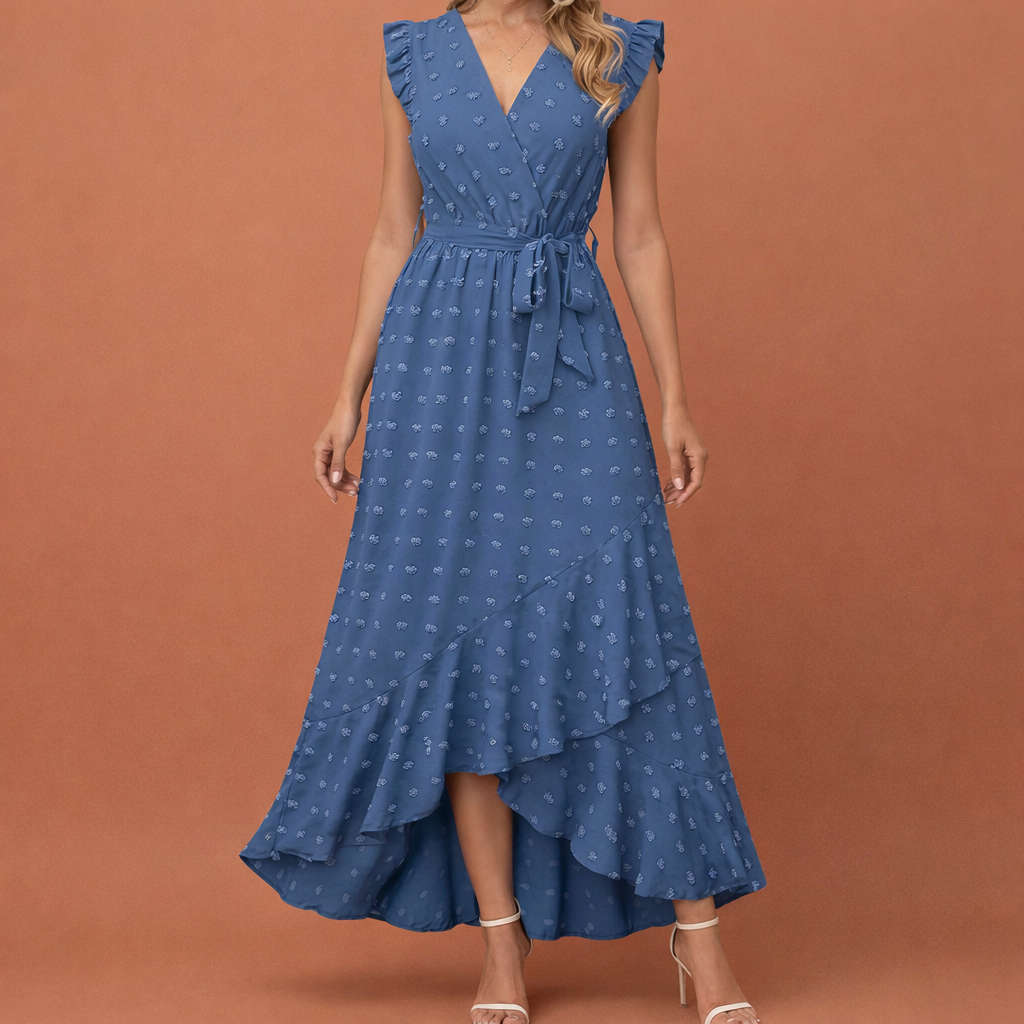 Dames maxi jurk in blauw met minimalistisch design, zacht en comfortabel voor casual en stijlvolle outfits.