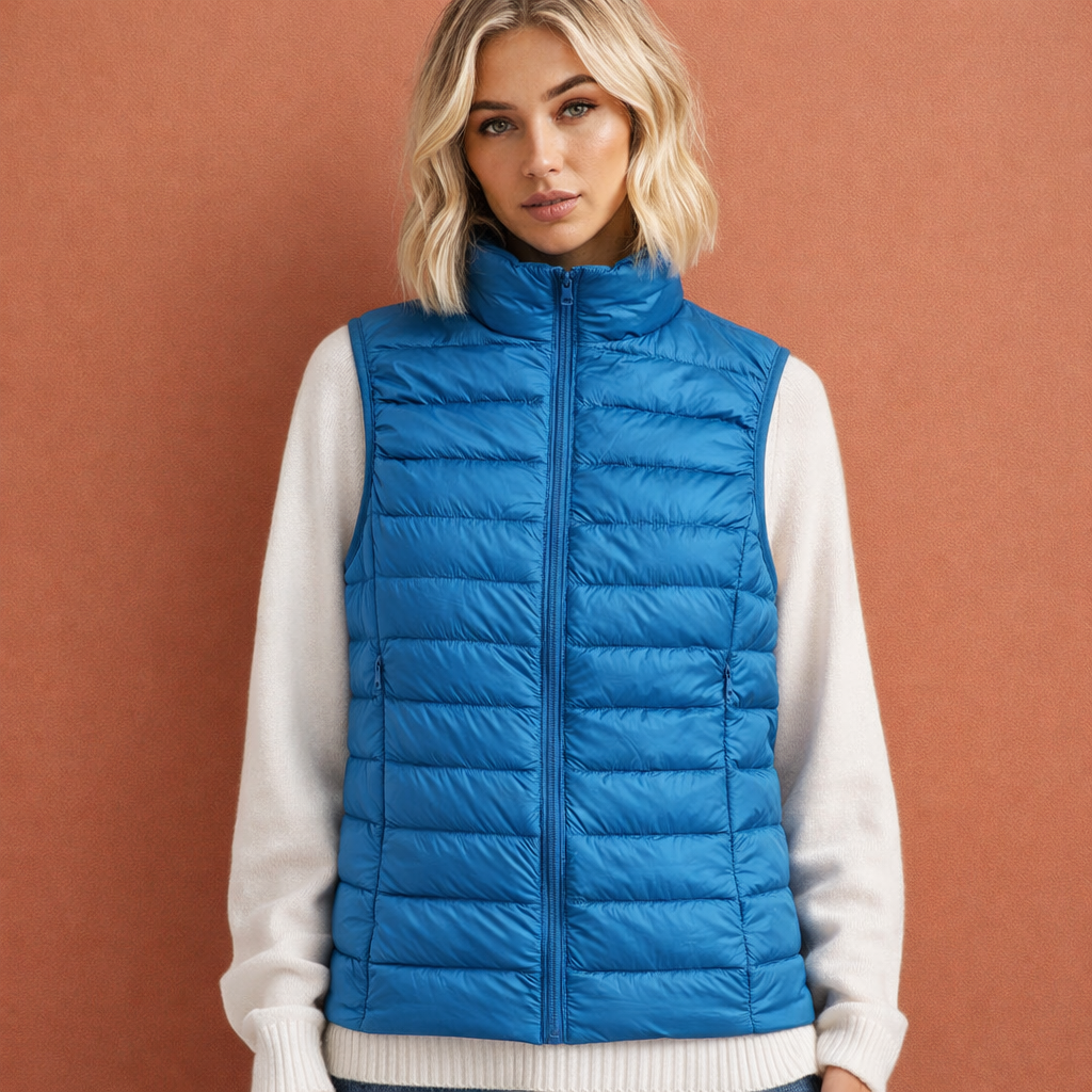 Blauwe dames mouwloze bodywarmer met ritssluiting en comfortabele pasvorm, ideaal voor dagelijks gebruik en koude dagen.