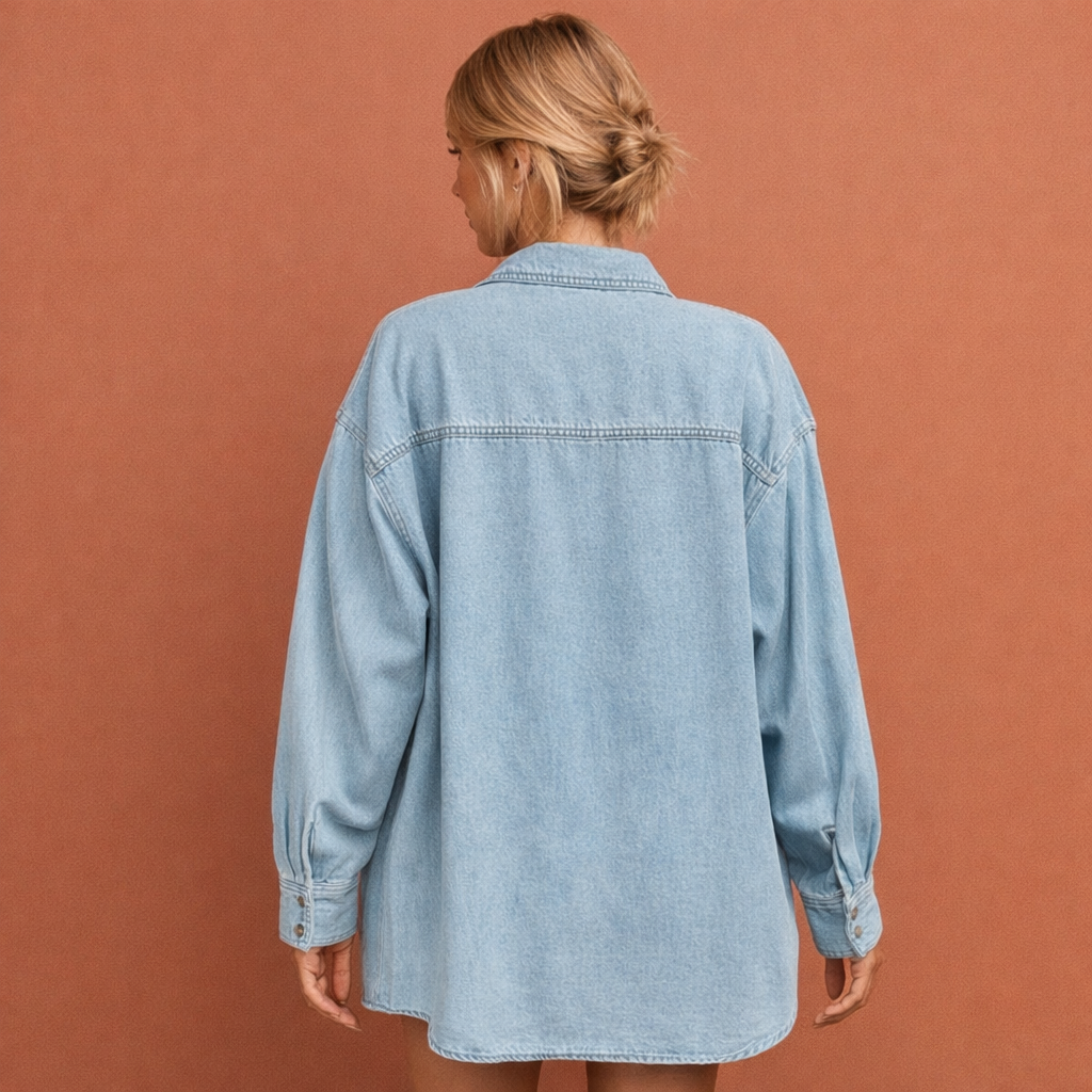 Dames jeansblouse in blauw met minimalistisch design, zacht en comfortabel voor casual en stijlvolle outfits.