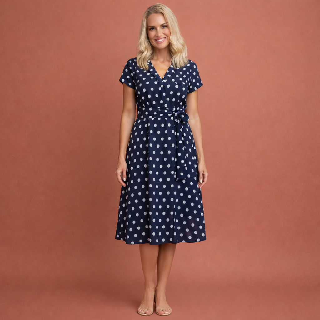 Dames polka dot jurk in blauw met minimalistisch design, zacht en comfortabel voor casual en stijlvolle outfits.