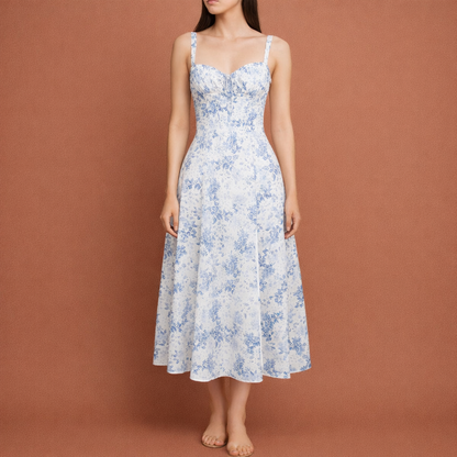 Dames midi jurk in blauwe print met minimalistisch design, zacht en comfortabel voor casual en stijlvolle outfits.