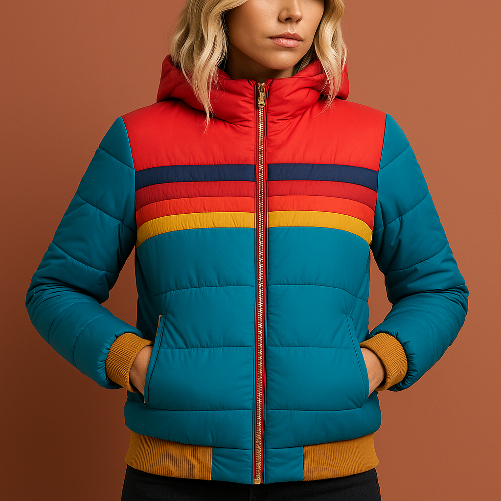 Blauwe retro dames winterjas met gewatteerde structuur en hoge kraag, warm en comfortabel voor koude dagen en stijlvolle outfits.