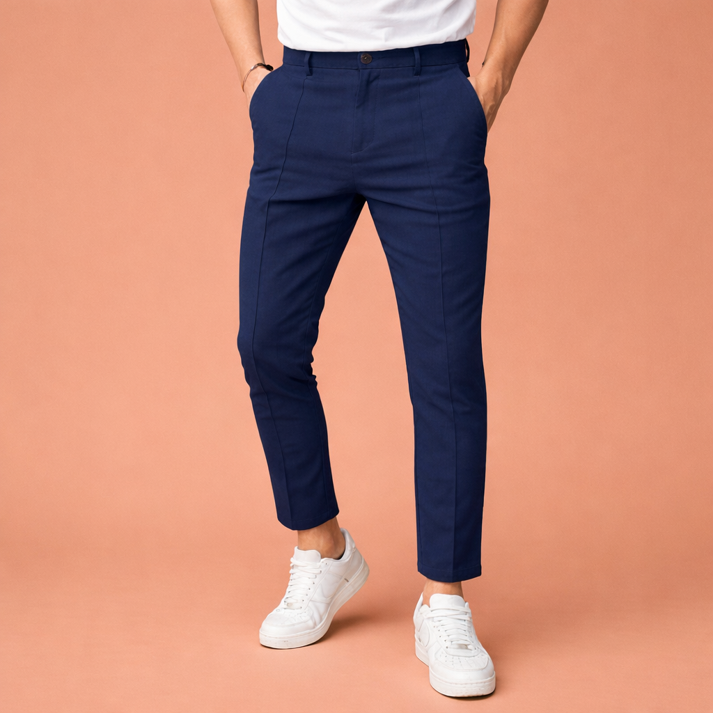 Heren broek in blauw met minimalistisch design, zacht en comfortabel voor casual en stijlvolle outfits.