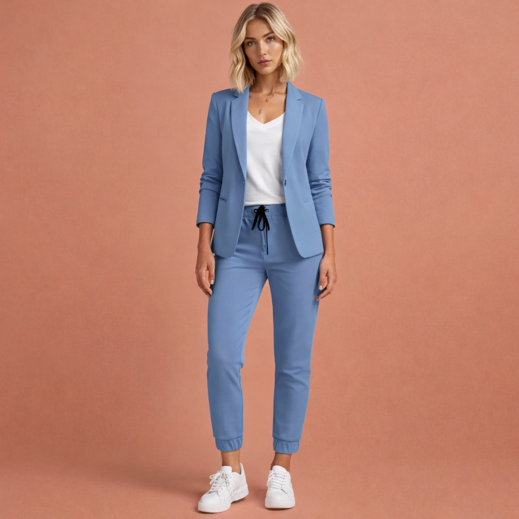 Blauwe tweedelige blazer set voor dames met een elegante pasvorm, ideaal voor werk en formele gelegenheden.