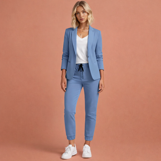 Blauwe tweedelige blazer set voor dames met een elegante pasvorm, ideaal voor werk en formele gelegenheden.