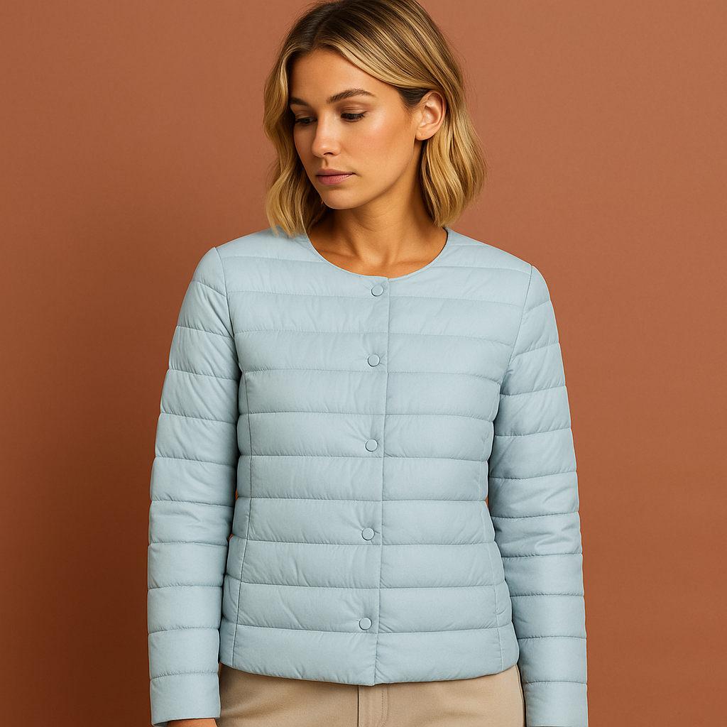 Ultradunne lichtgewicht donsjas voor dames in blauwe kleur, ideaal voor frisse dagen en dagelijks gebruik.