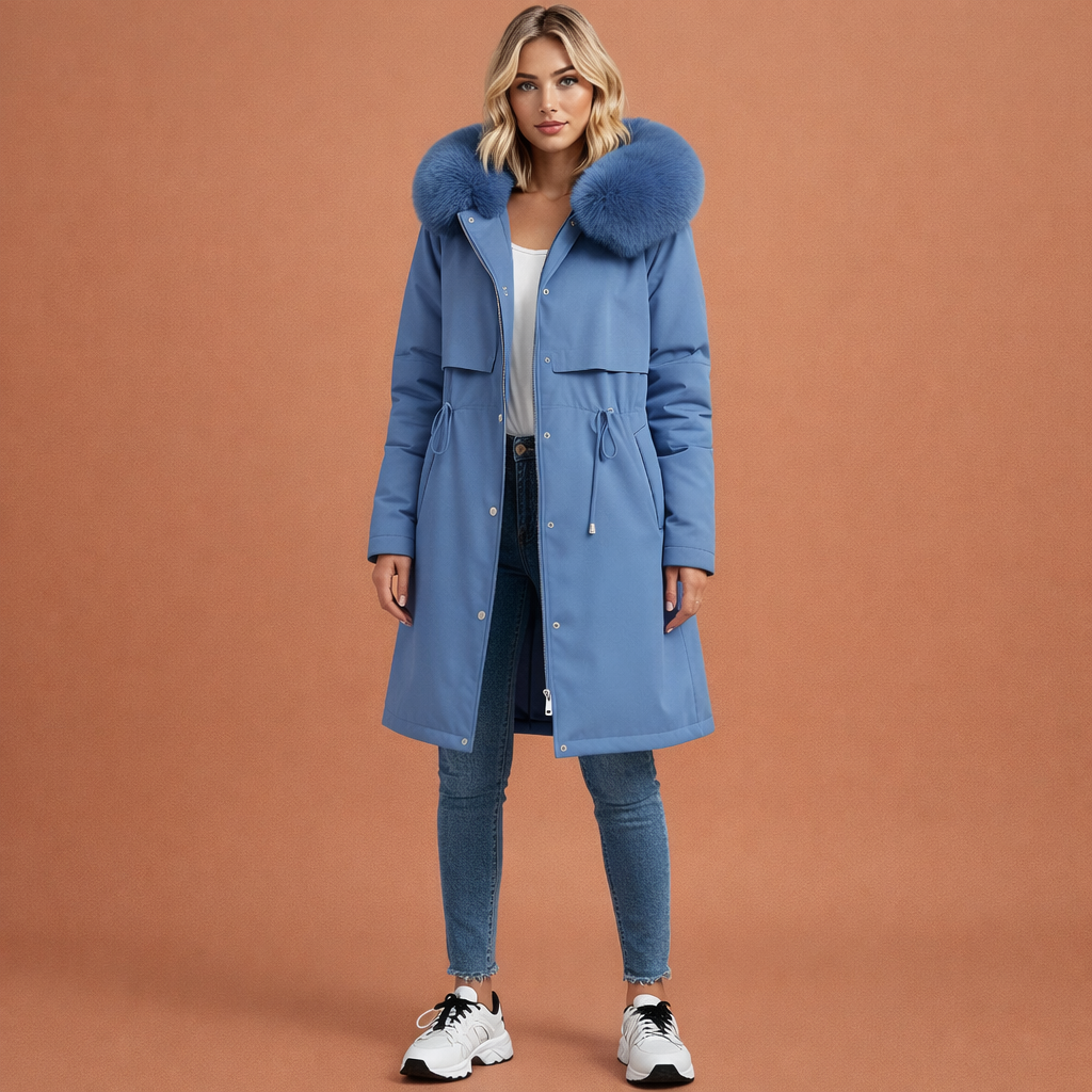 Blauwe warme dames mantel met capuchon en comfortabele pasvorm, ideaal voor dagelijks gebruik tijdens koude dagen.