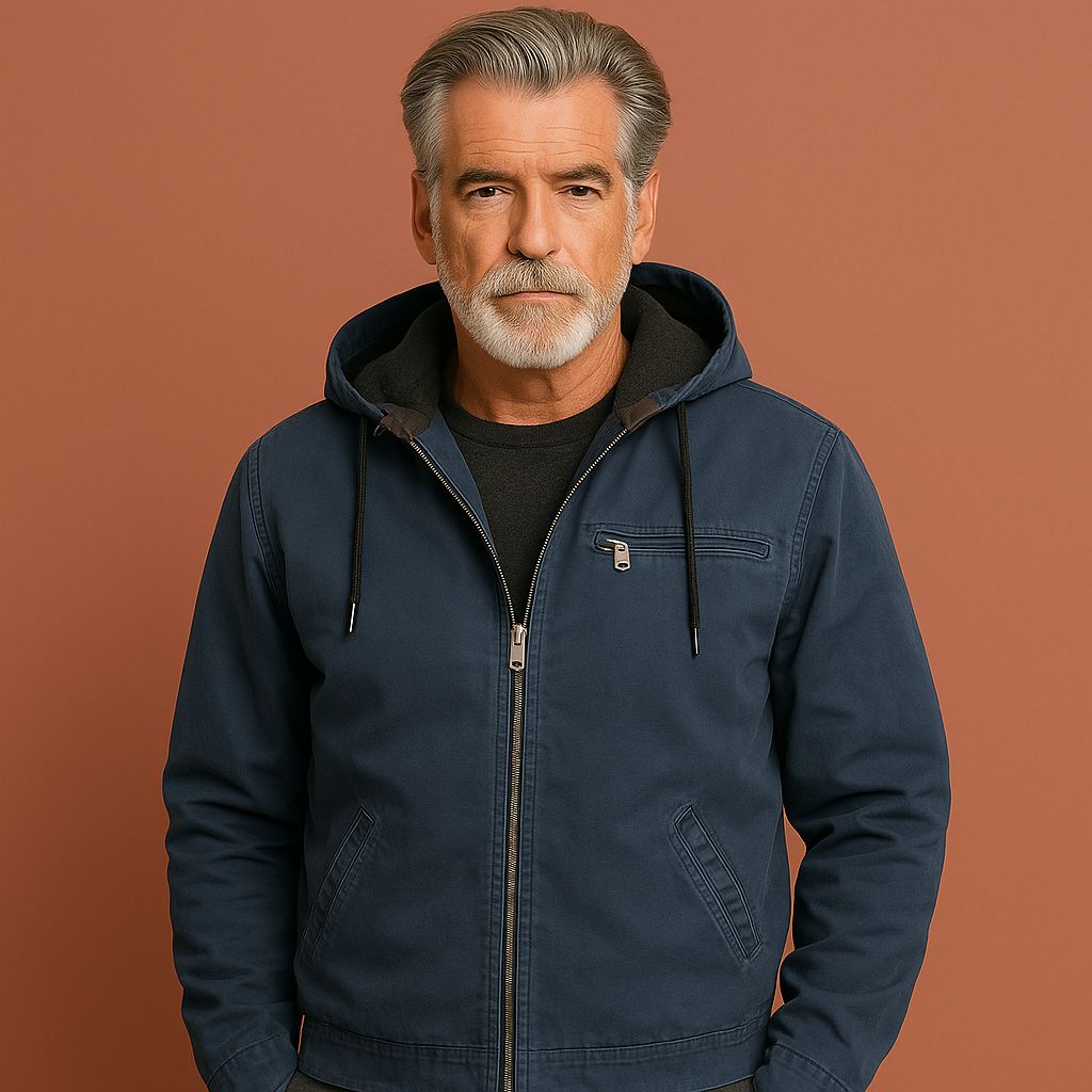 Blauwe warme heren winterjas met fleecevoering en capuchon, ideaal voor koude dagen en winterse activiteiten.