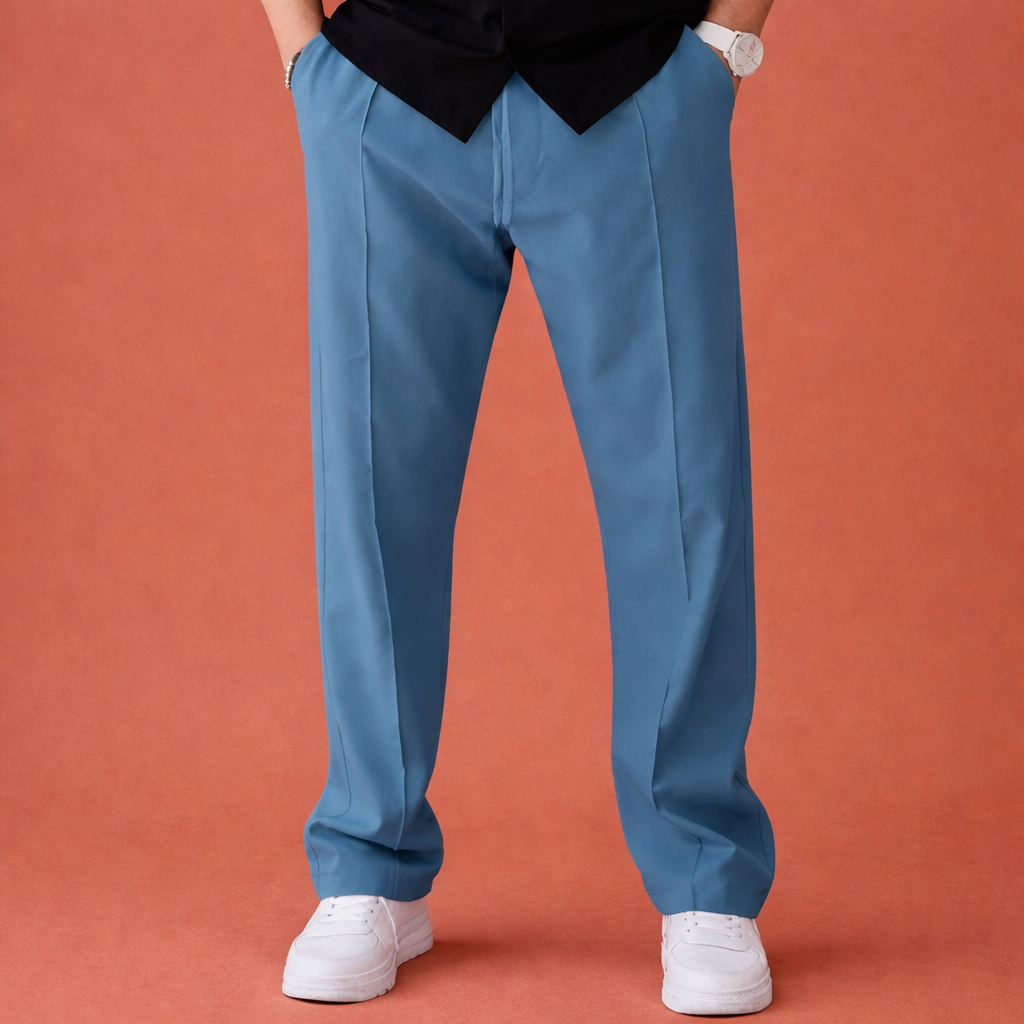 Heren wijde broek in blauw met minimalistisch design, comfortabel en stijlvol voor casual en dagelijkse outfits.