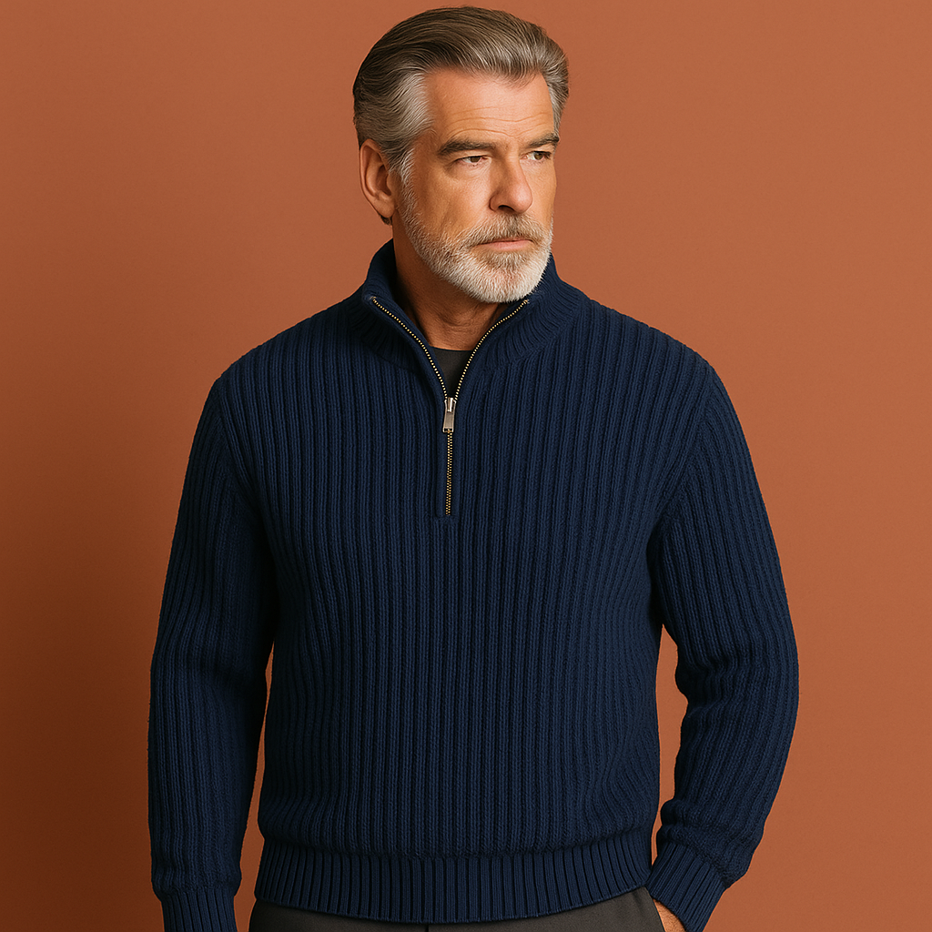Zip pullover trui voor heren in blauwe kleur, ideaal voor koude dagen en casual outfits.