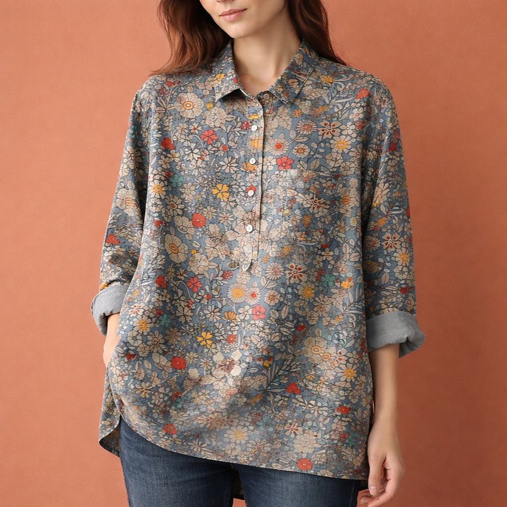 Dames blouse in blauwgrijs met minimalistisch design, zacht en comfortabel voor casual en stijlvolle outfits.
