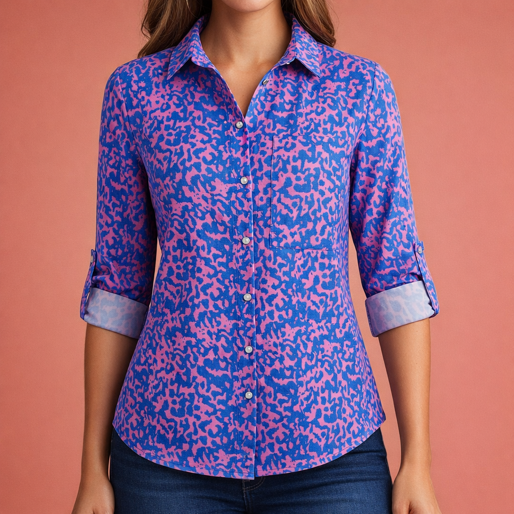 Dames blouse in blauwpaars met minimalistisch design, zacht en comfortabel voor casual en stijlvolle outfits.